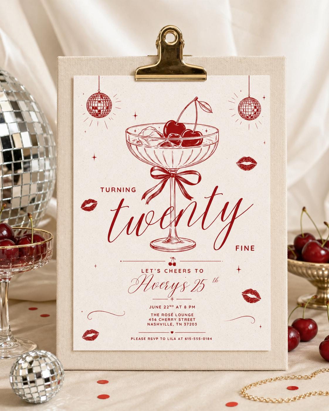 Turning Twenty Fine 25th Birthday Invitation in Burgundy — disco 25th birthday party design