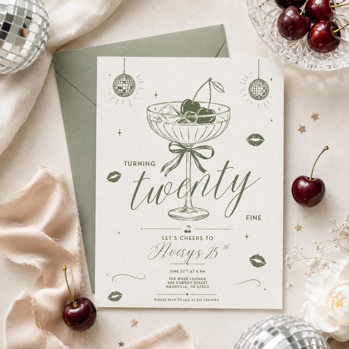 Turning Twenty Fine 25th Birthday Invitation in Sage Green — editable Canva template