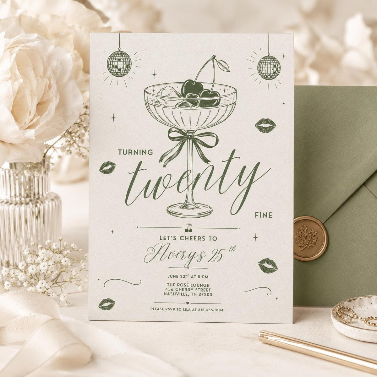 Turning Twenty Fine 25th Birthday Invitation in Sage Green — disco 25th birthday party design