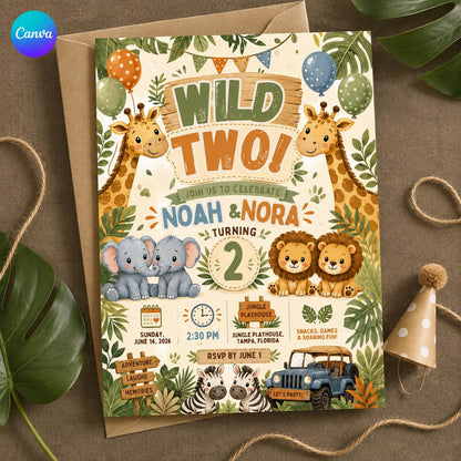 Twin Safari 2nd Birthday Invitation — editable Canva template