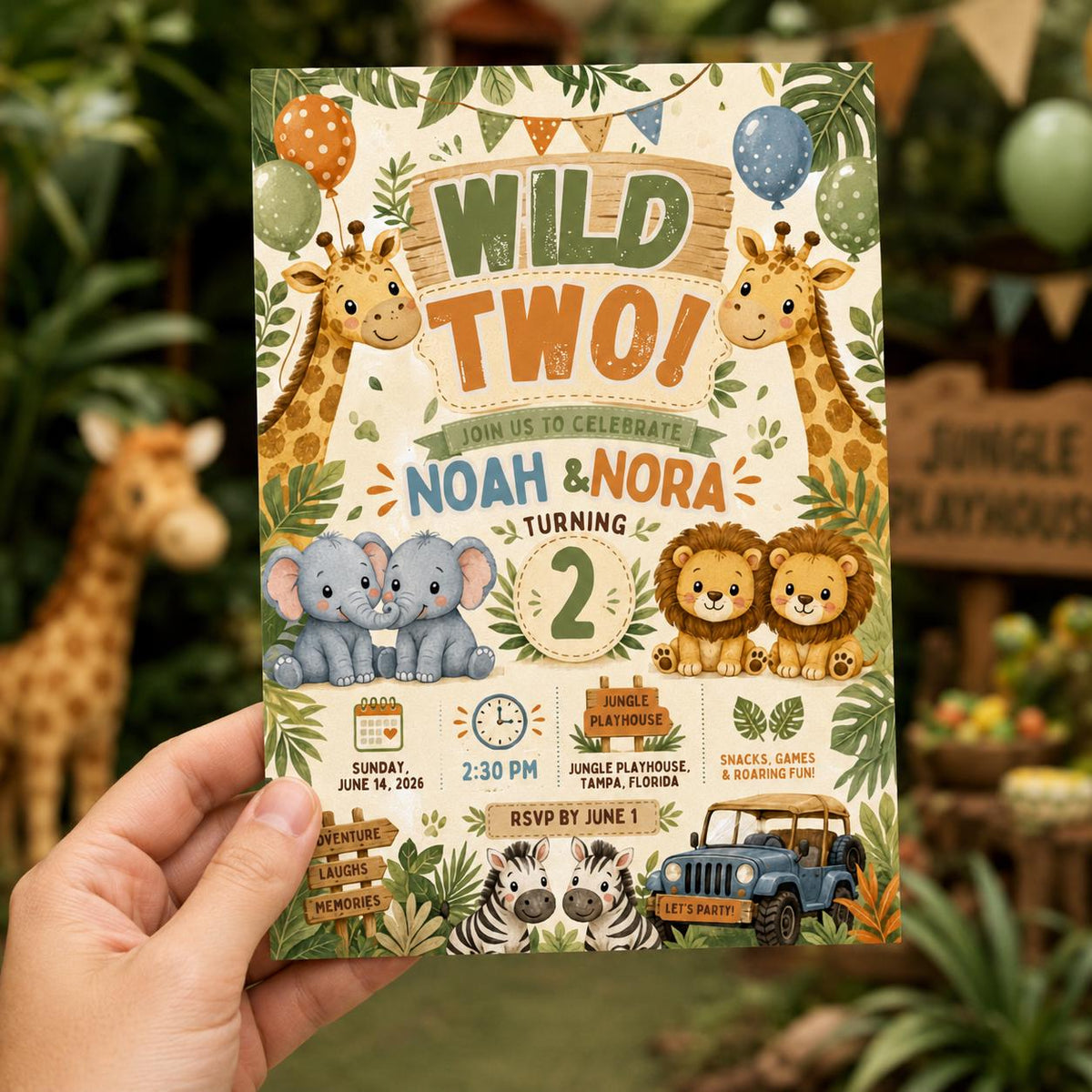 Twin Safari 2nd Birthday Invitation — print-ready 2nd birthday party design from VoltBy