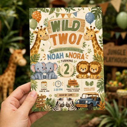 Twin Safari 2nd Birthday Invitation — print-ready 2nd birthday party design from VoltBy