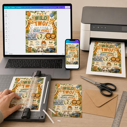 Twin Safari 2nd Birthday Invitation — digital invitation, instant download