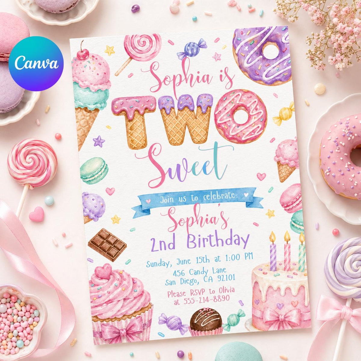 Two Sweet Birthday Invitation In Pink for Girls — editable Canva template