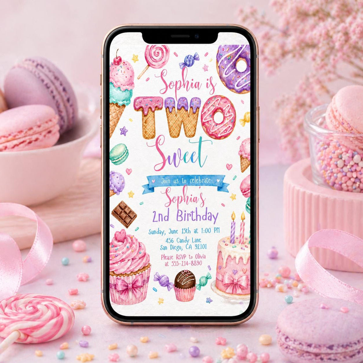 Two Sweet Birthday Invitation In Pink for Girls — invitation you personalize in Canva
