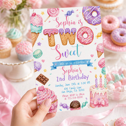 Two Sweet Birthday Invitation In Pink for Girls — print-ready 2nd birthday party design from VoltBy
