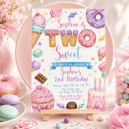 Two Sweet Birthday Invitation In Pink for Girls — digital invitation, instant download