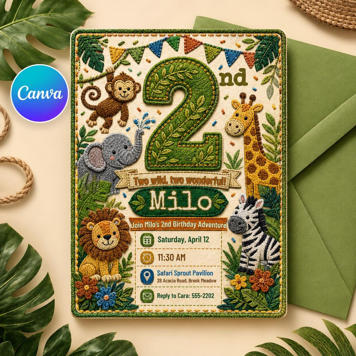 Two Wild Safari Jungle 2nd Birthday Invitation