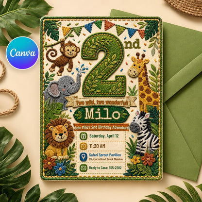 Two Wild Safari Jungle 2nd Birthday Invitation