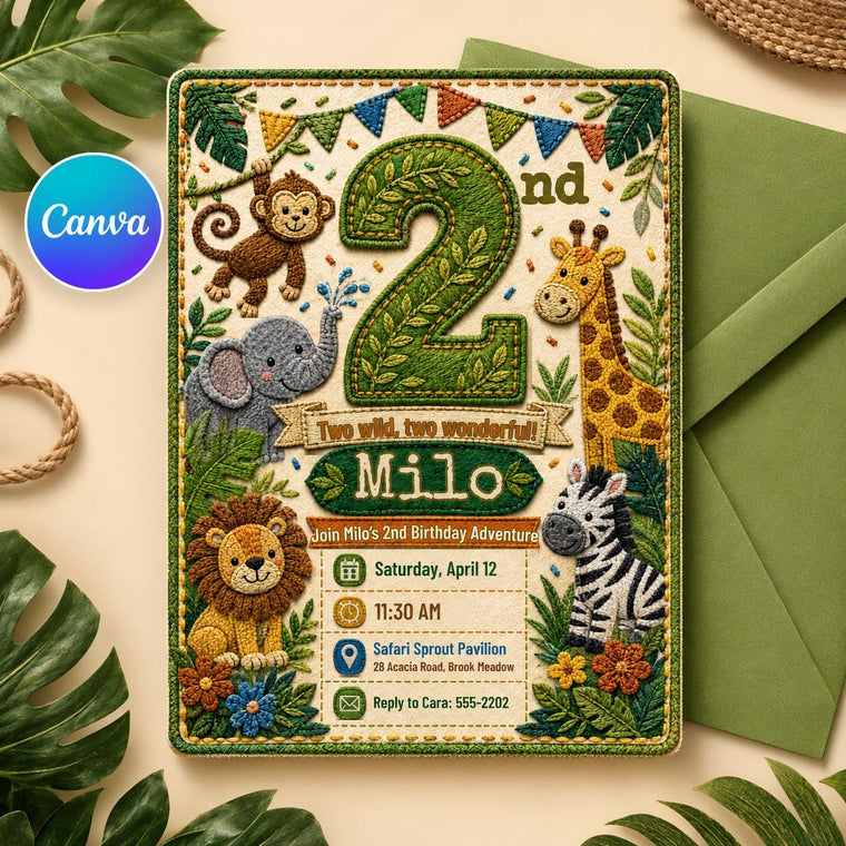 Two Wild Safari Jungle 2nd Birthday Invitation