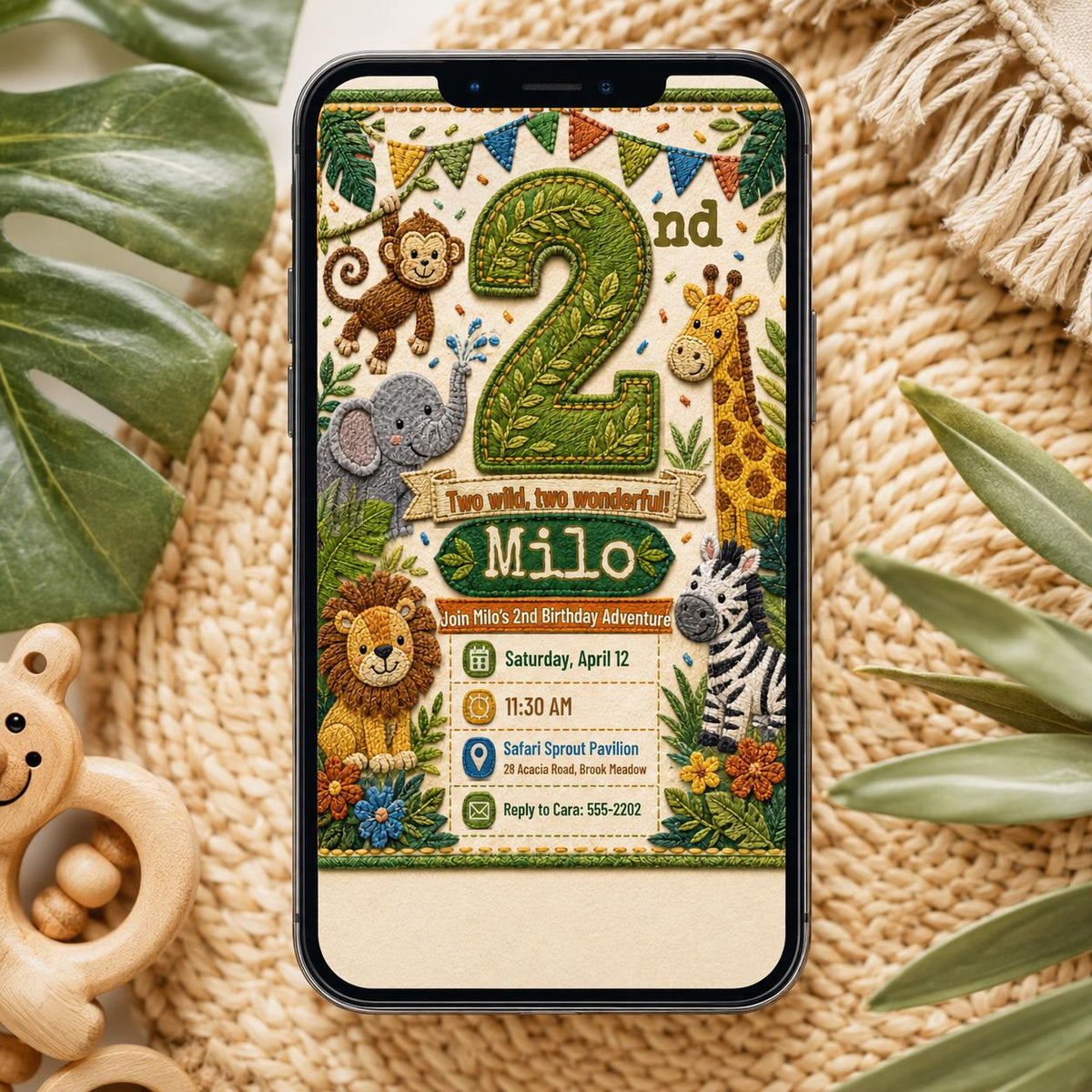 Two Wild Safari Jungle 2nd Birthday Invitation — safari design for a 2nd birthday party