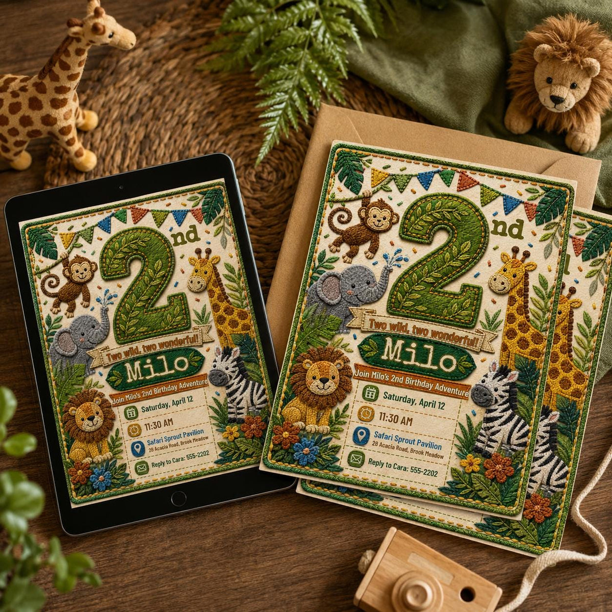 Two Wild Safari Jungle 2nd Birthday Invitation in green