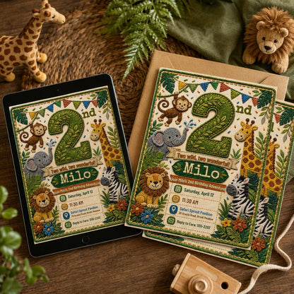 Two Wild Safari Jungle 2nd Birthday Invitation in green
