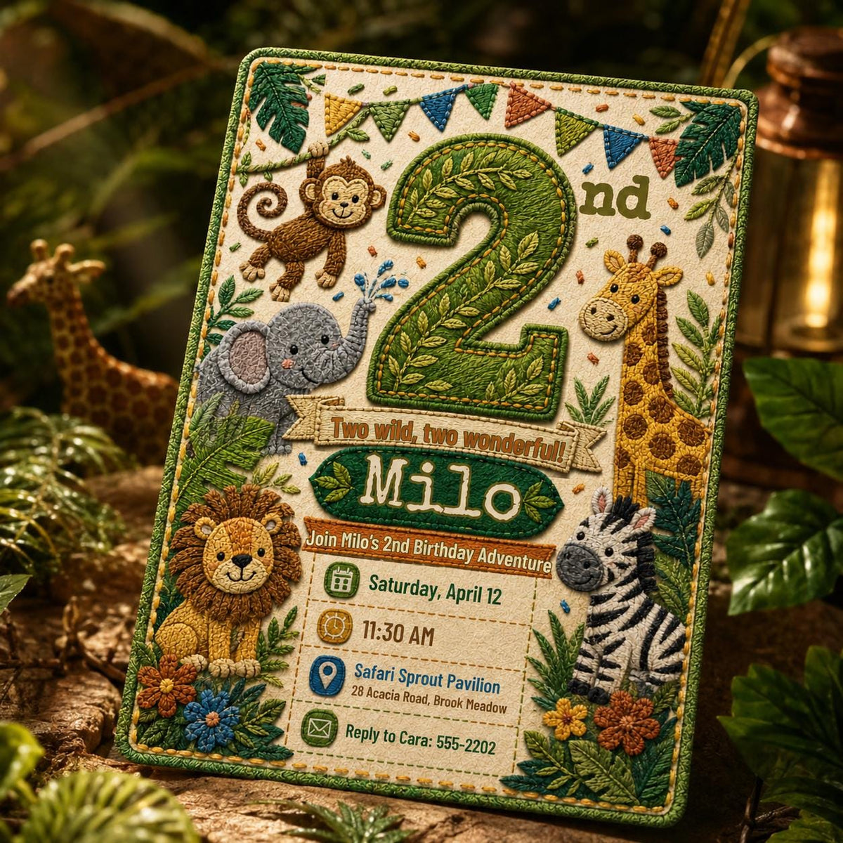 Two Wild Safari Jungle 2nd Birthday Invitation — editable Canva template for a 2nd birthday party