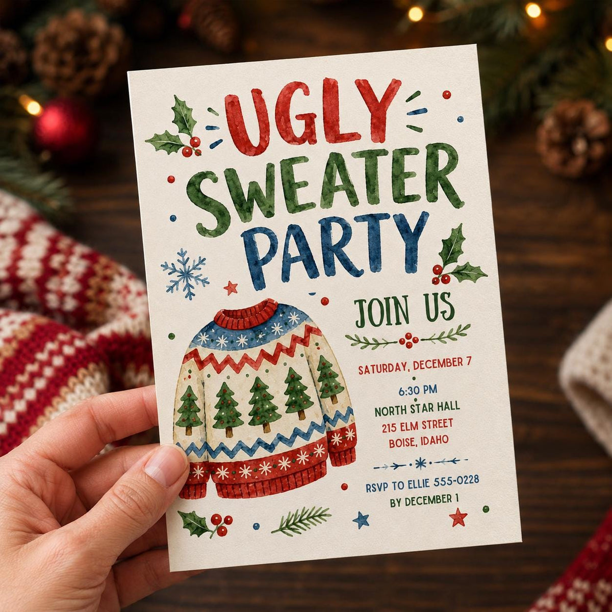 Ugly Christmas Sweater Party Invitation — print-ready Christmas celebration design from VoltBy