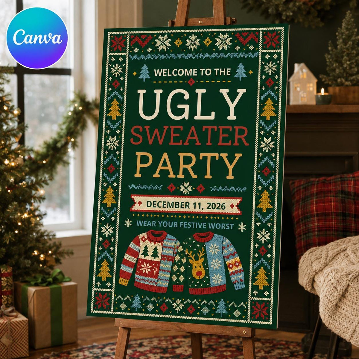 Ugly Sweater Party Welcome Sign — editable Canva template