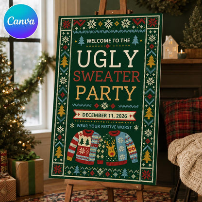 Ugly Sweater Party Welcome Sign — editable Canva template