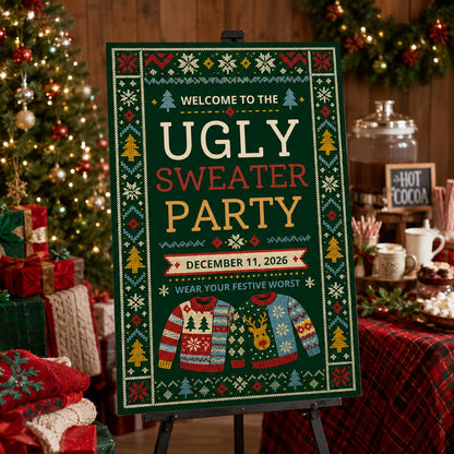 Ugly Sweater Party Welcome Sign — welcome sign you personalize in Canva