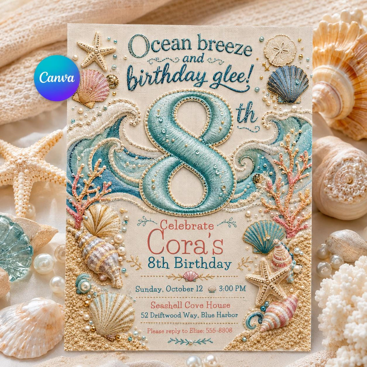 Under the Sea 8th Birthday Invitation: Seashell Ocean Girl 8th Party — editable Canva template