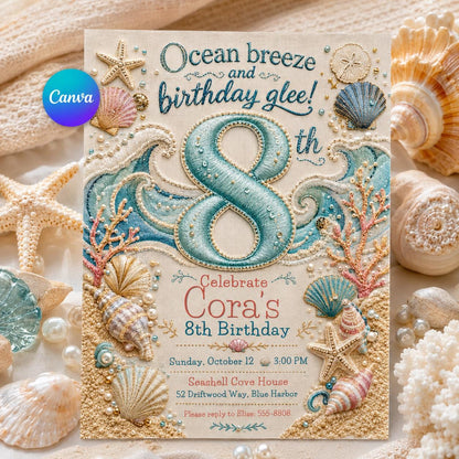 Under the Sea 8th Birthday Invitation: Seashell Ocean Girl 8th Party — editable Canva template