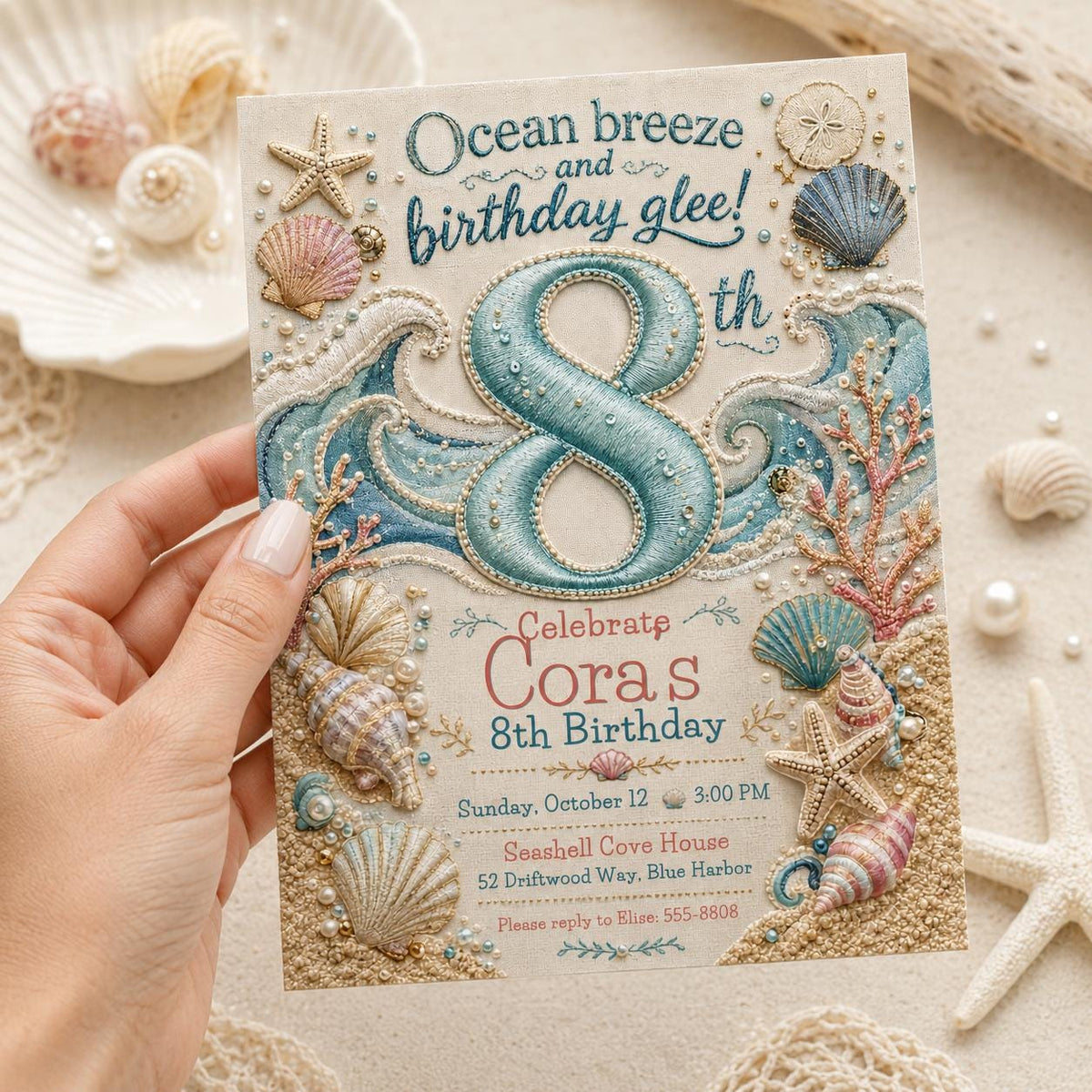 Under the Sea 8th Birthday Invitation: Seashell Ocean Girl 8th Party — invitation you personalize in Canva