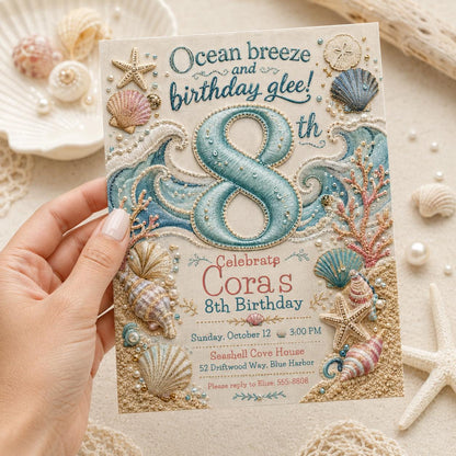 Under the Sea 8th Birthday Invitation: Seashell Ocean Girl 8th Party — invitation you personalize in Canva
