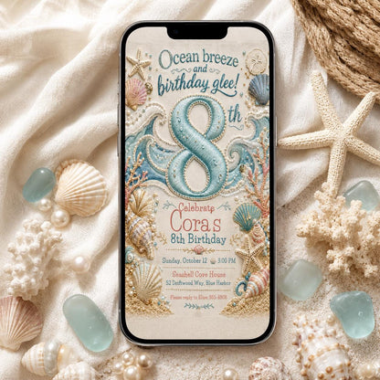 Under the Sea 8th Birthday Invitation: Seashell Ocean Girl 8th Party — print-ready 8th birthday party design from VoltBy