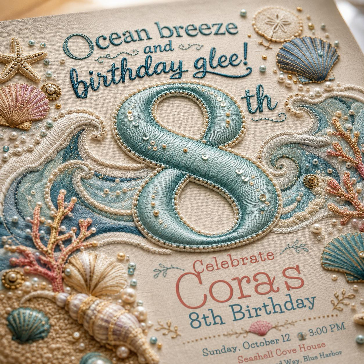 Under the Sea 8th Birthday Invitation: Seashell Ocean Girl 8th Party — digital invitation, instant download