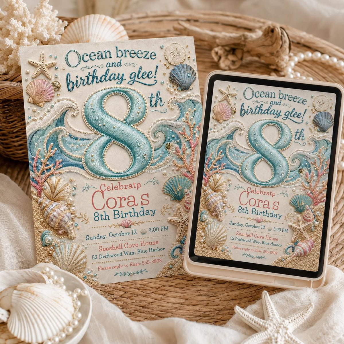 Under the Sea 8th Birthday Invitation: Seashell Ocean Girl 8th Party — 8th birthday party stationery by VoltBy