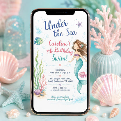 Under the Sea Mermaid Swim 7th Birthday Invitation in blue and green