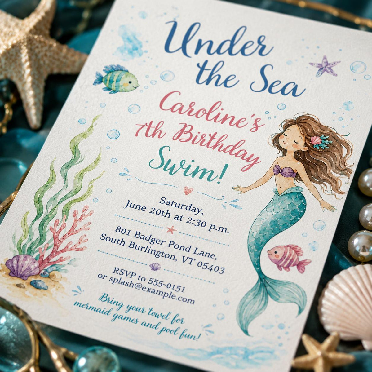 Under the Sea Mermaid Swim 7th Birthday Invitation — ocean design