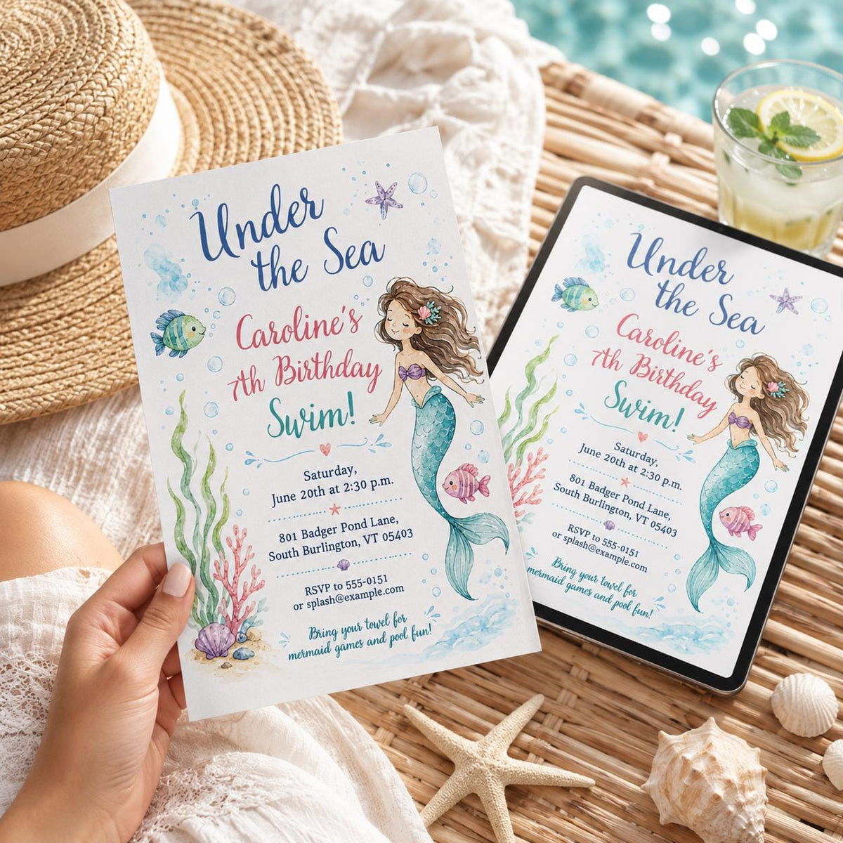 Under the Sea Mermaid Swim 7th Birthday Invitation — invitation you personalize in Canva