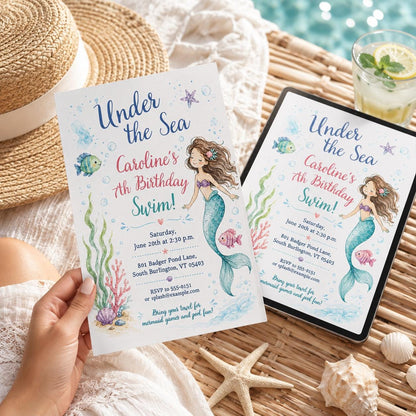 Under the Sea Mermaid Swim 7th Birthday Invitation — invitation you personalize in Canva