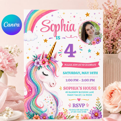 Unicorn 4th Birthday Photo Invitation with Rainbow and Flowers — editable Canva template
