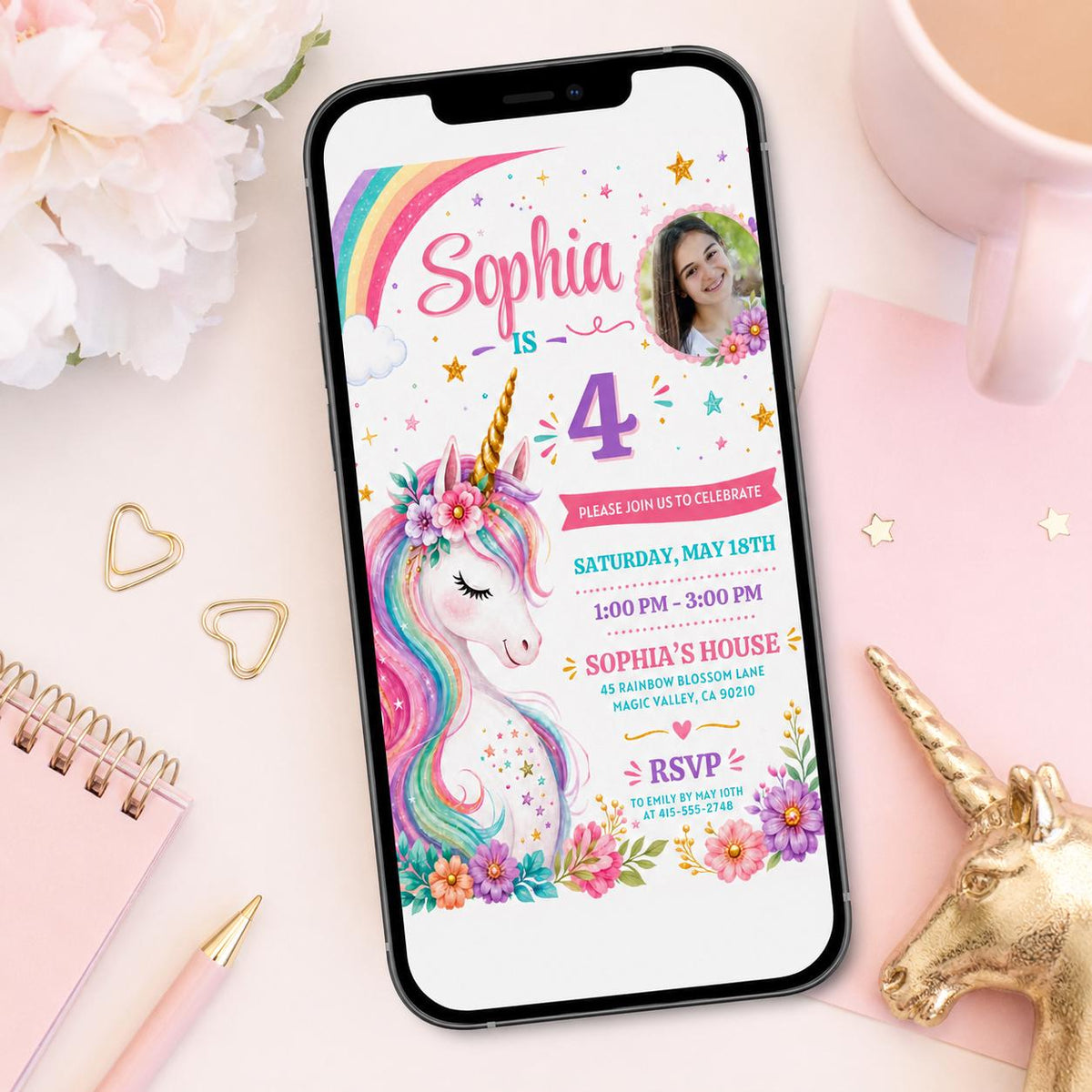 Unicorn 4th Birthday Photo Invitation with Rainbow and Flowers in pink purple