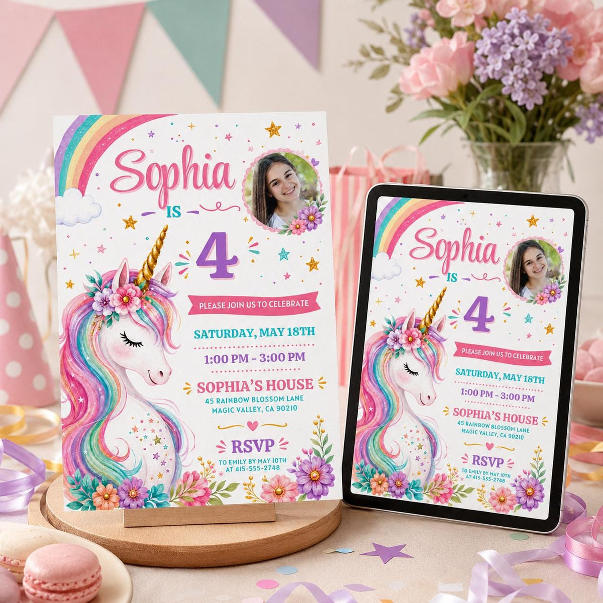 Unicorn 4th Birthday Photo Invitation with Rainbow and Flowers — invitation you personalize in Canva