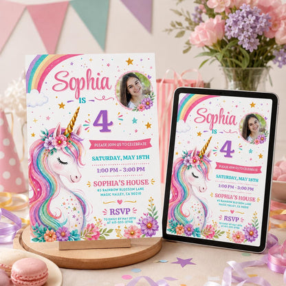 Unicorn 4th Birthday Photo Invitation with Rainbow and Flowers — invitation you personalize in Canva