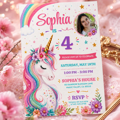Unicorn 4th Birthday Photo Invitation with Rainbow and Flowers — floral 4th birthday party design