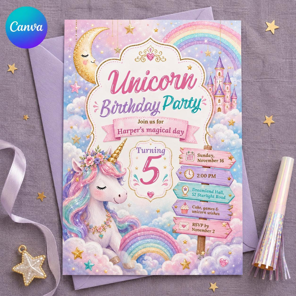 Unicorn Castle 5th Birthday Invitation with Rainbow Clouds — editable Canva template