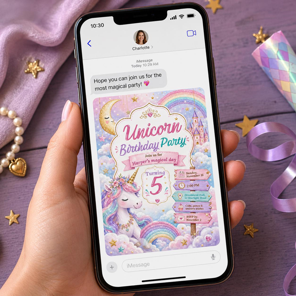 Unicorn Castle 5th Birthday Invitation with Rainbow Clouds in blue and pink