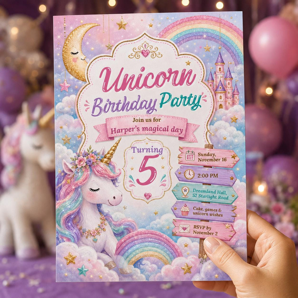Unicorn Castle 5th Birthday Invitation with Rainbow Clouds — invitation you personalize in Canva