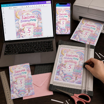 Unicorn Castle 5th Birthday Invitation with Rainbow Clouds — pastel 5th birthday party design