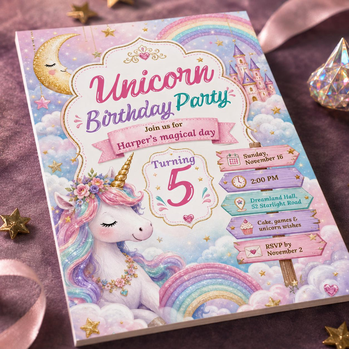 Unicorn Castle 5th Birthday Invitation with Rainbow Clouds — print-ready 5th birthday party design from VoltBy