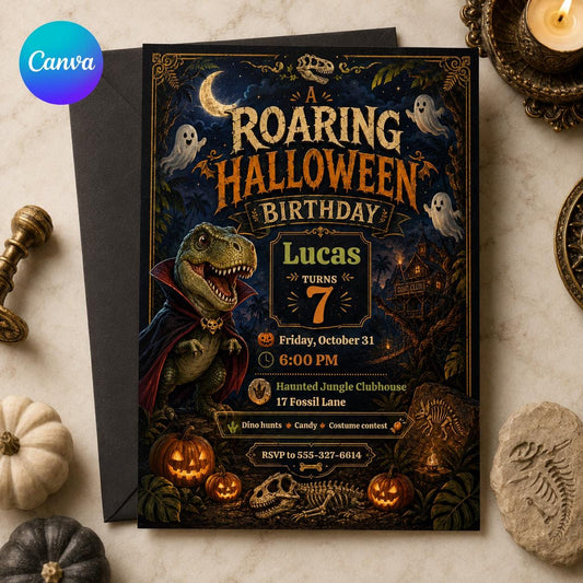 Vampire Dinosaur Halloween 7th Birthday Invitation — editable Canva template