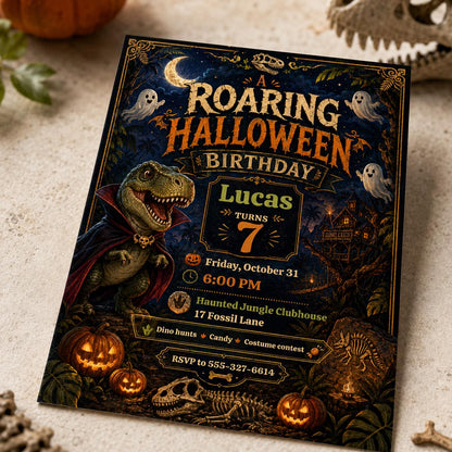 Vampire Dinosaur Halloween 7th Birthday Invitation — invitation you personalize in Canva
