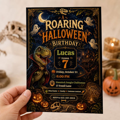 Vampire Dinosaur Halloween 7th Birthday Invitation — print-ready 7th birthday party design from VoltBy