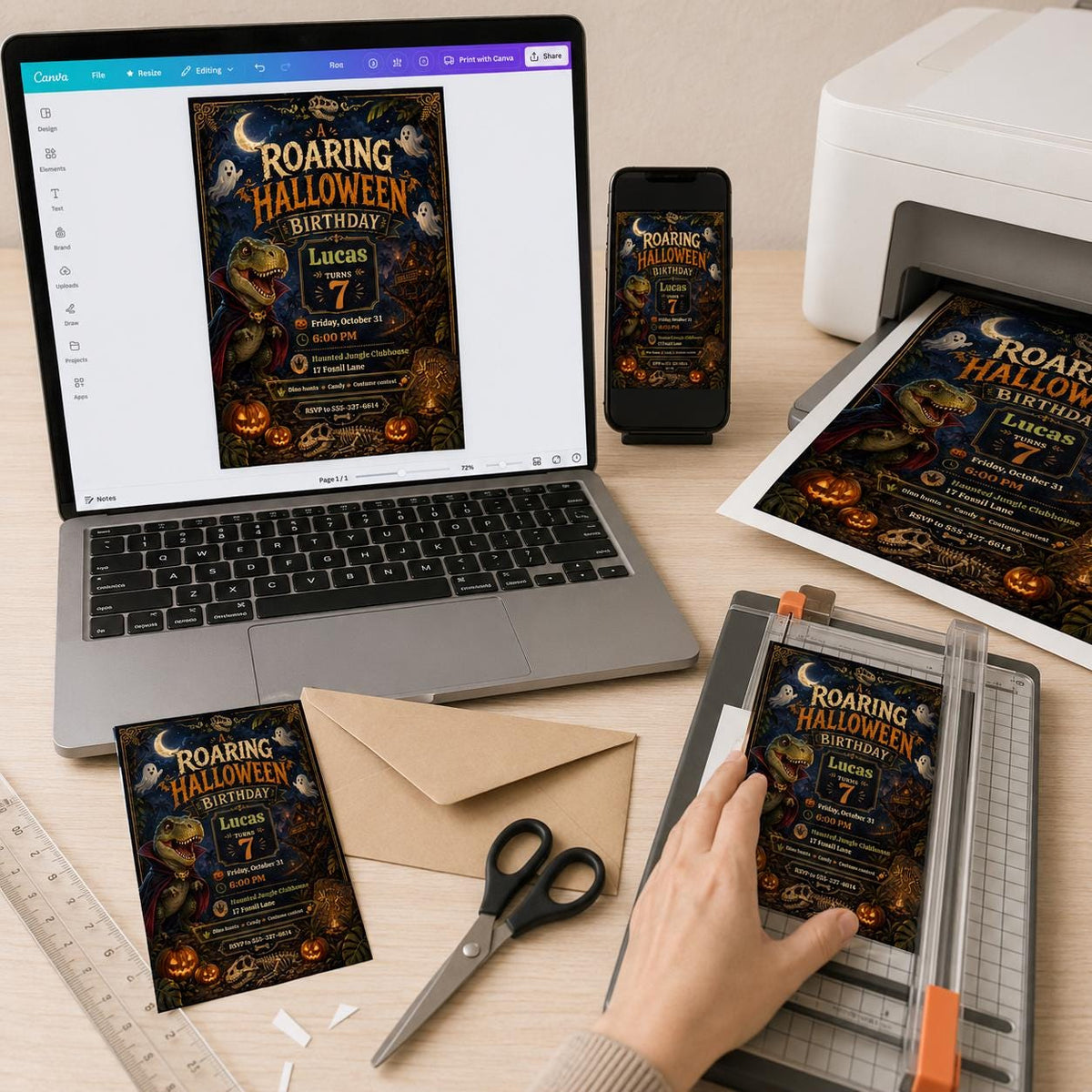 Vampire Dinosaur Halloween 7th Birthday Invitation — digital invitation, instant download