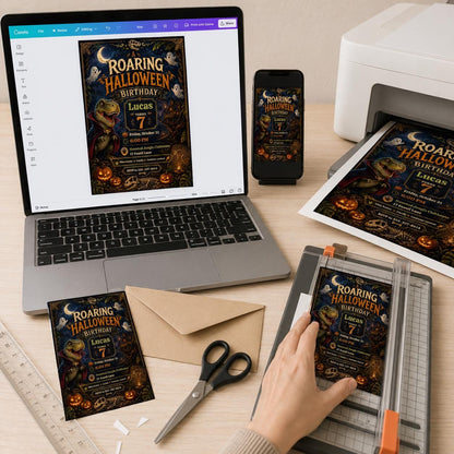 Vampire Dinosaur Halloween 7th Birthday Invitation — digital invitation, instant download