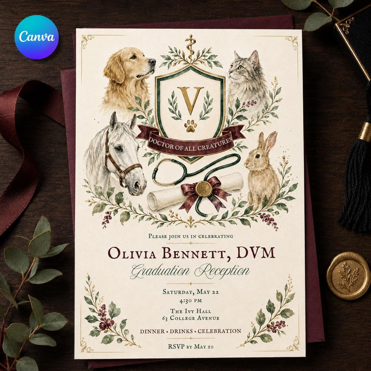 Veterinary Graduation Invitation — editable Canva template
