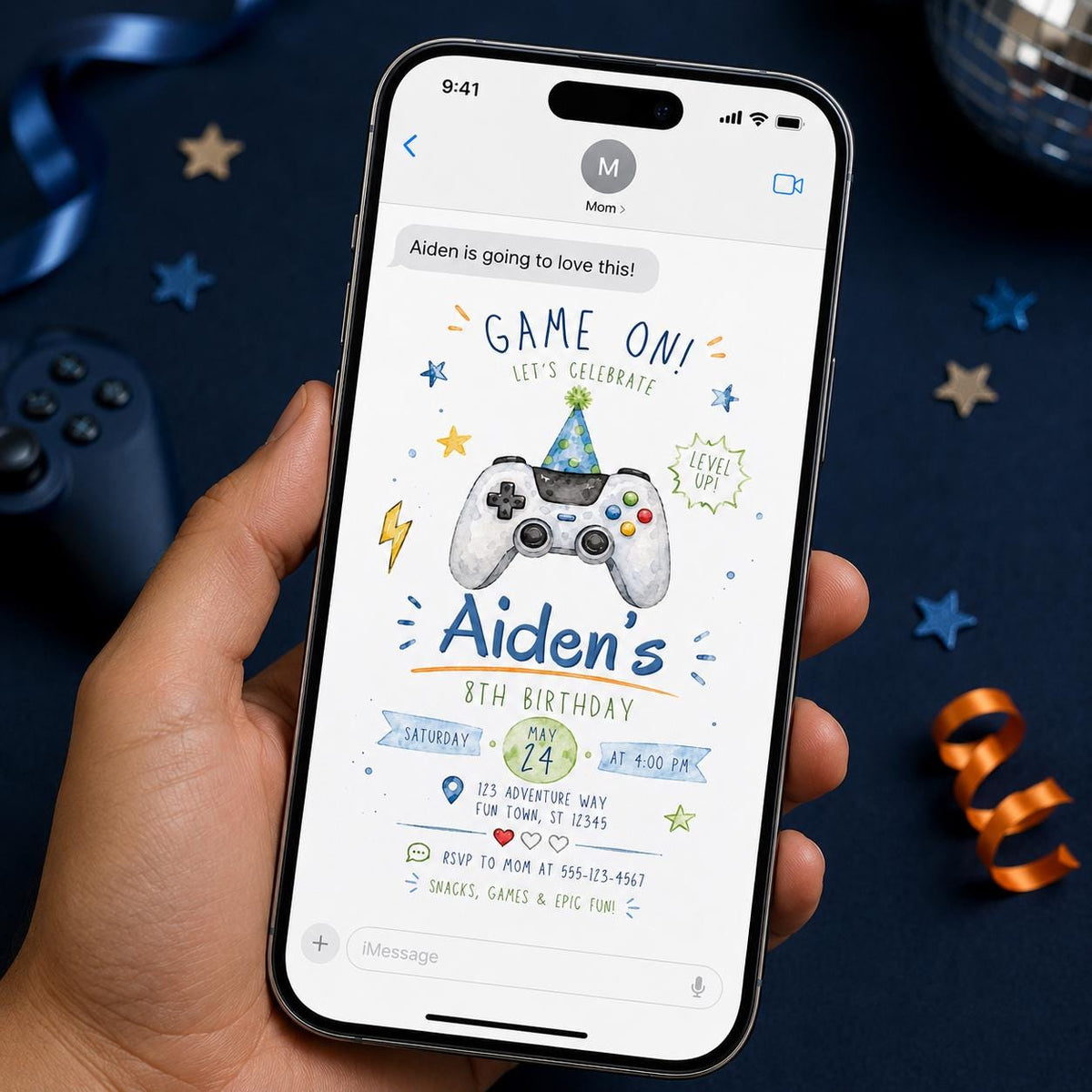 Video Game 8th Birthday Invitation for Boys — print-ready 8th birthday party design from VoltBy